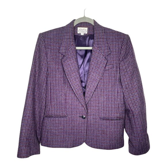 The Villager Vintage Wool Purple Plaid Blazer Jacket Lined Notch Collar size 10 - Picture 1 of 6